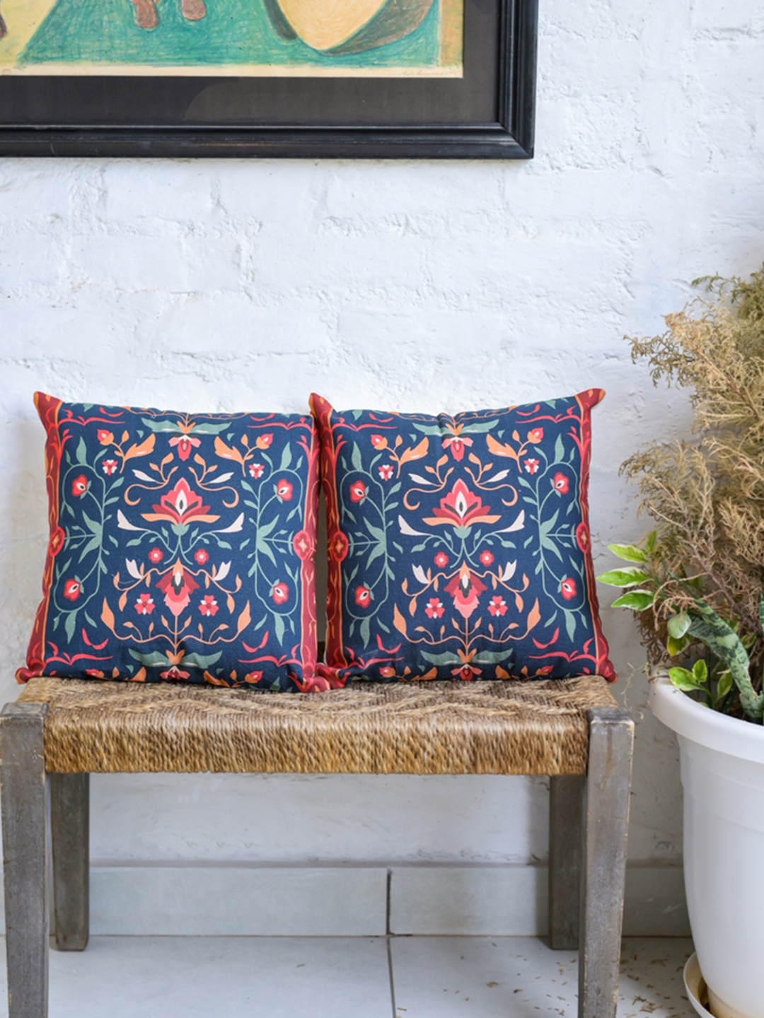 

ABSTRACT INDIA Red & Blue Floral Cotton Square Cushion Cover