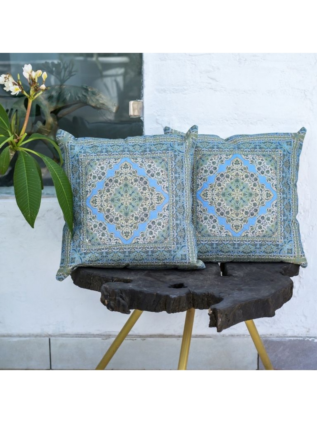 

ABSTRACT INDIA Turquoise Blue & Grey 2Pieces Floral Cotton Square Cushion Covers