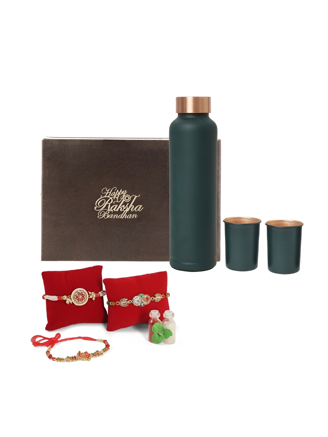 

INTERNATIONAL GIFT 6 Pcs Rakhi With Water Bottle, Glasses & Roli Chawal Gift Set, Green