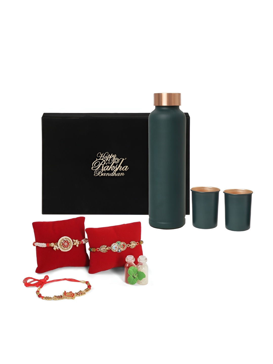 

INTERNATIONAL GIFT 6 Pcs Rakhi With Water Bottle, Glasses & Roli Chawal Gift Set, Green