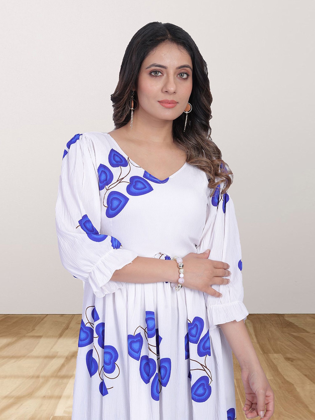 

N N ENTERPRISE Women Floral Puff Sleeve Applique Georgette Fit & Flare Dress, Blue