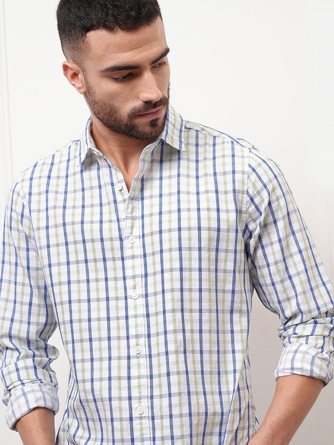 

LOCOMOTIVE Premium Men Shepherd Checks Dobby Textured Cotton Casual Shirt, White