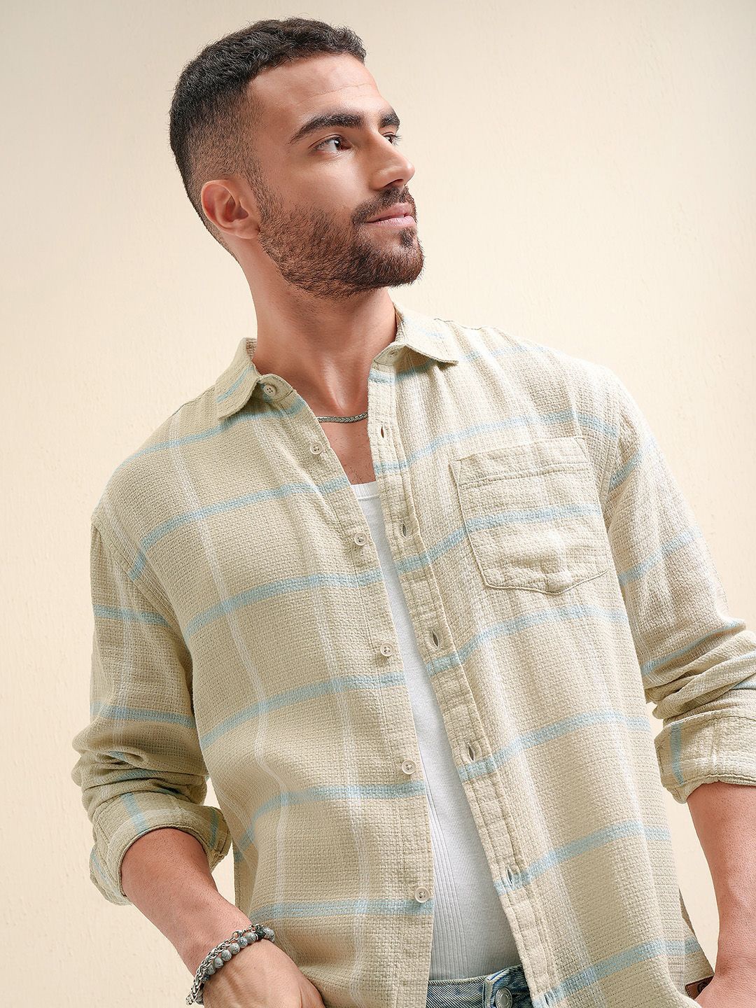 

LOCOMOTIVE Premium Relaxed Fit Checked Mocklino Dobby Cotton Shirt, Beige
