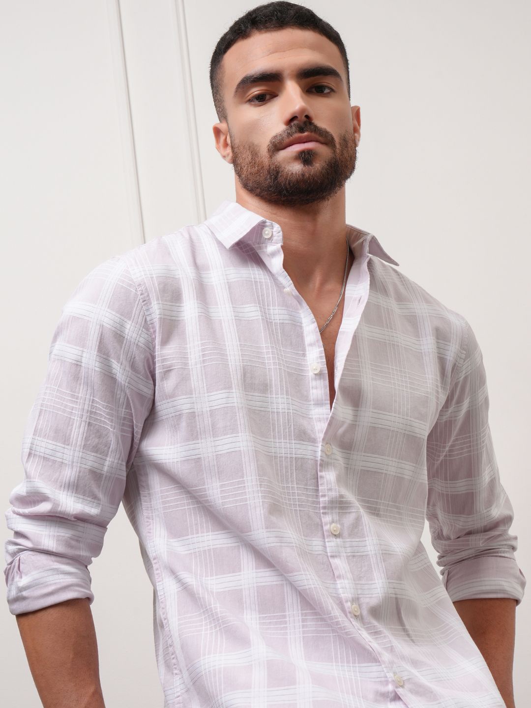 

LOCOMOTIVE Premium Dobby Checked Textured Cotton Casual Shirt, Pink