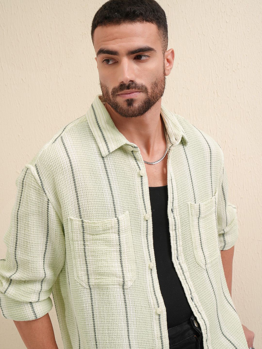 

LOCOMOTIVE Premium Striped Waffle Dobby Oversized Cotton Overshirt, Green