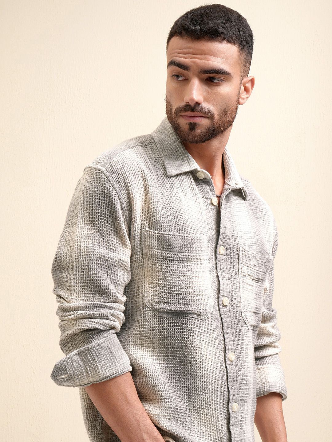 

LOCOMOTIVE Premium Men Striped Waffle Dobby Oversized Casual Shirt, Grey