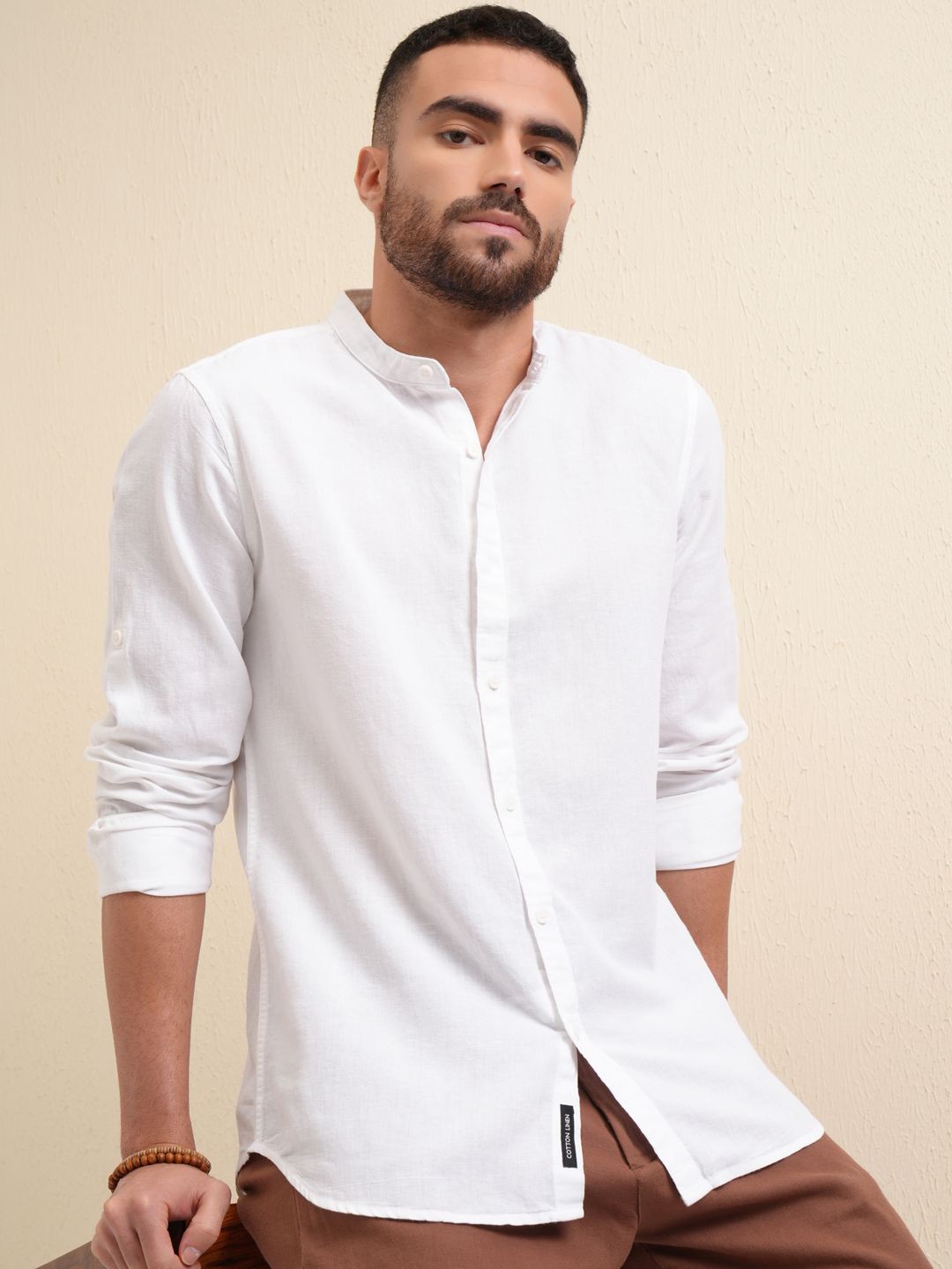 

LOCOMOTIVE Premium Mandarin Collar Roll-Up Sleeves Cotton Linen Casual Shirt, White