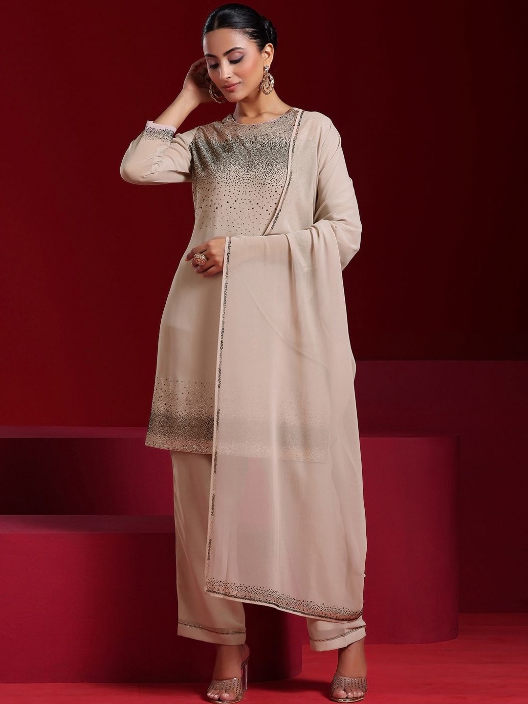 

Libas Art Regular Beads and Stones Kurta with Trousers & Dupatta, Taupe