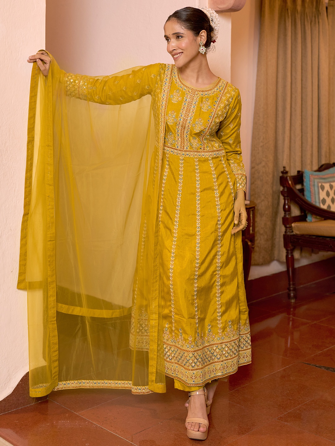 

Libas Art Floral Embroidered Panelled Mirror Work A-Line Kurta With Palazzo & Dupatta, Mustard