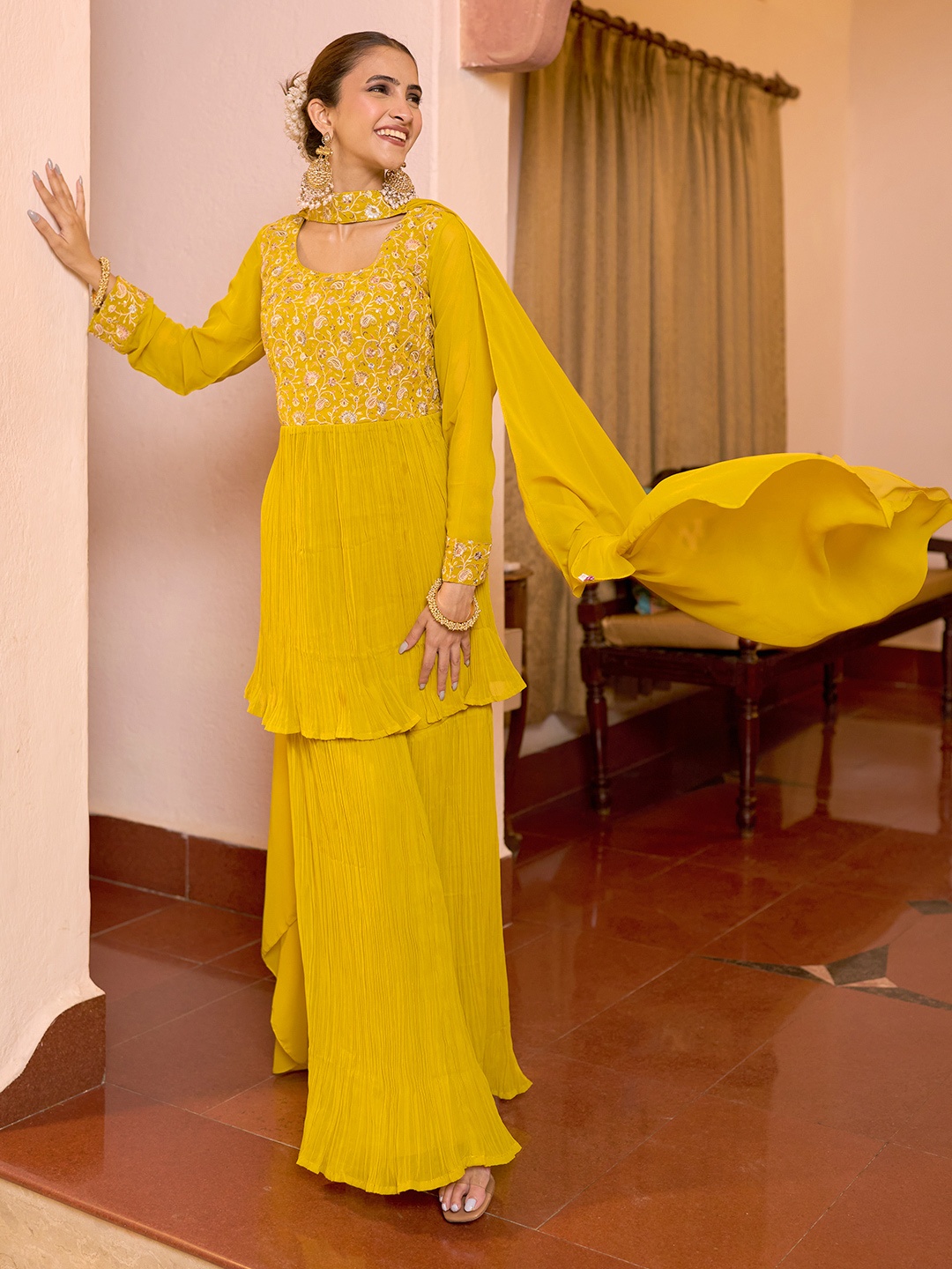 

Libas Art Floral Embroidered Empire Sequinned Kurta with Sharara & Dupatta, Mustard