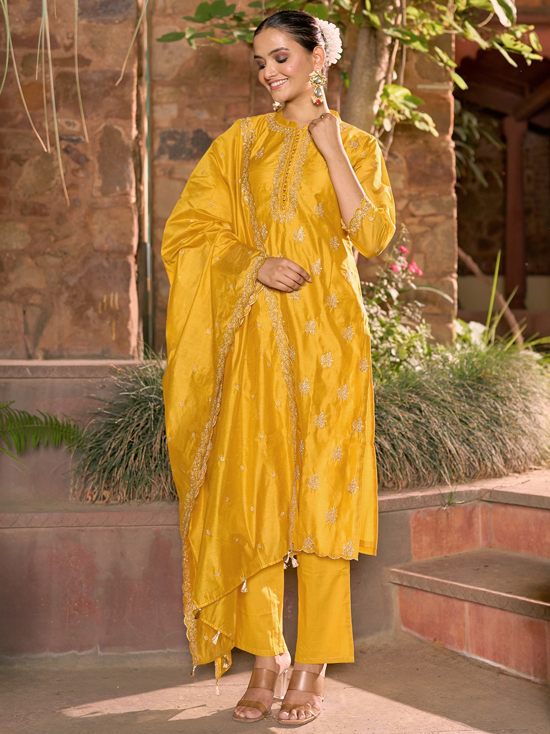 

Libas Art Embroidered Regular Chanderi Silk Zari Straight Kurta With Trousers & Dupatta, Mustard