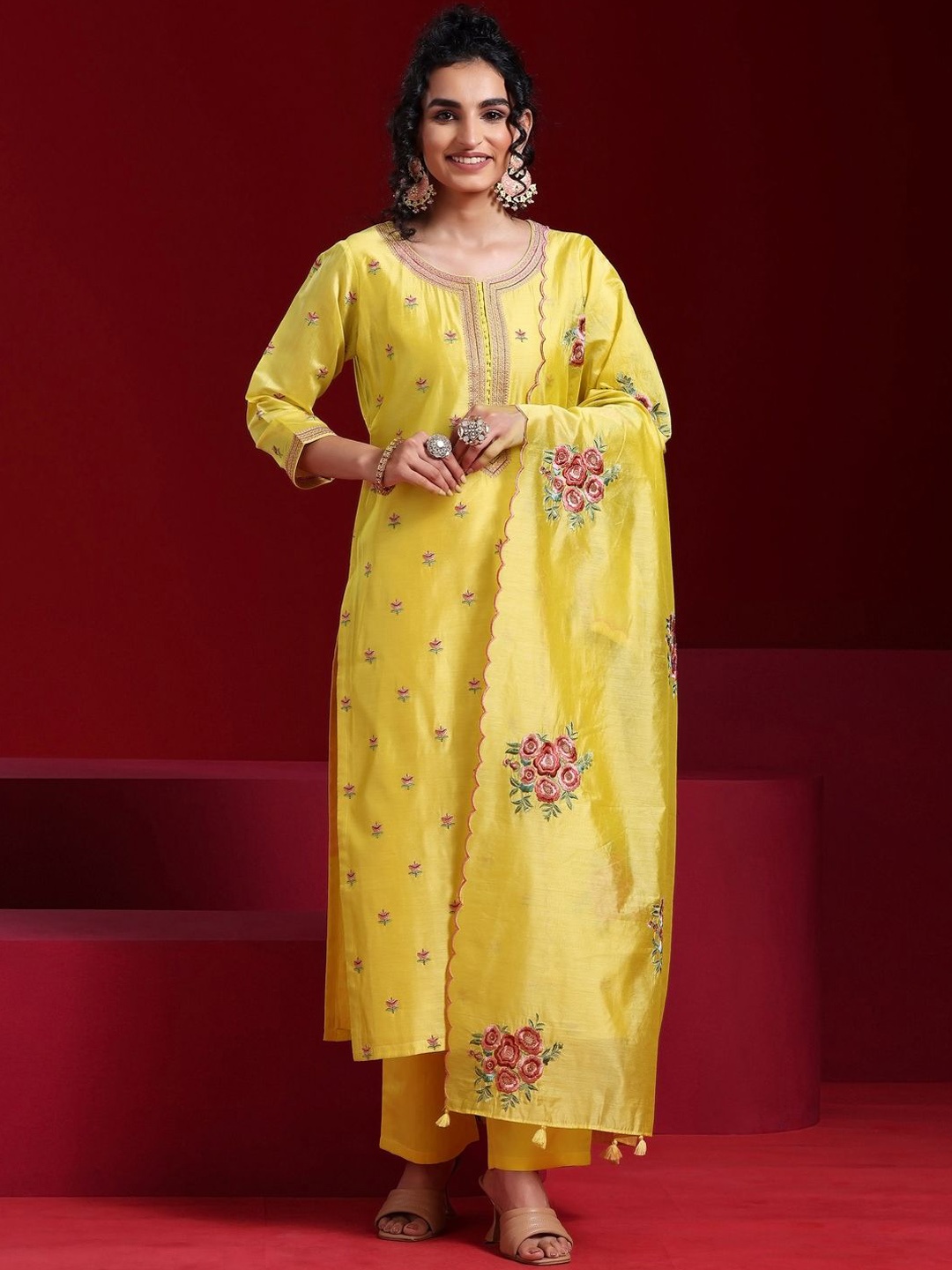 

Libas Art Floral Embroidered Chanderi Silk Straight Kurta With Trouser & Dupatta, Yellow