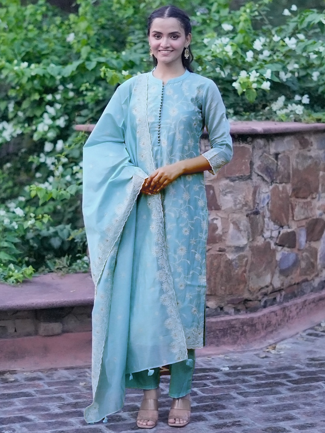 

Libas Art Floral Embroidered Chanderi Silk Straight Kurta With Trousers & Dupatta, Blue