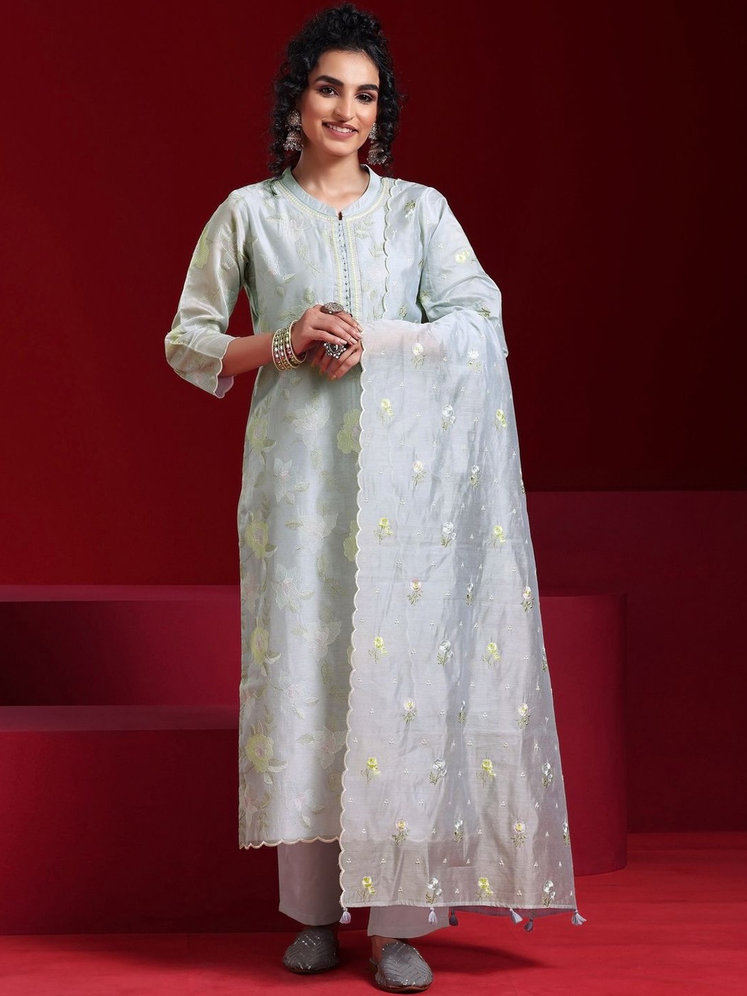 

Libas Art Floral Embroidered Thread Work Chanderi Silk Kurta with Trousers & Dupatta, Blue