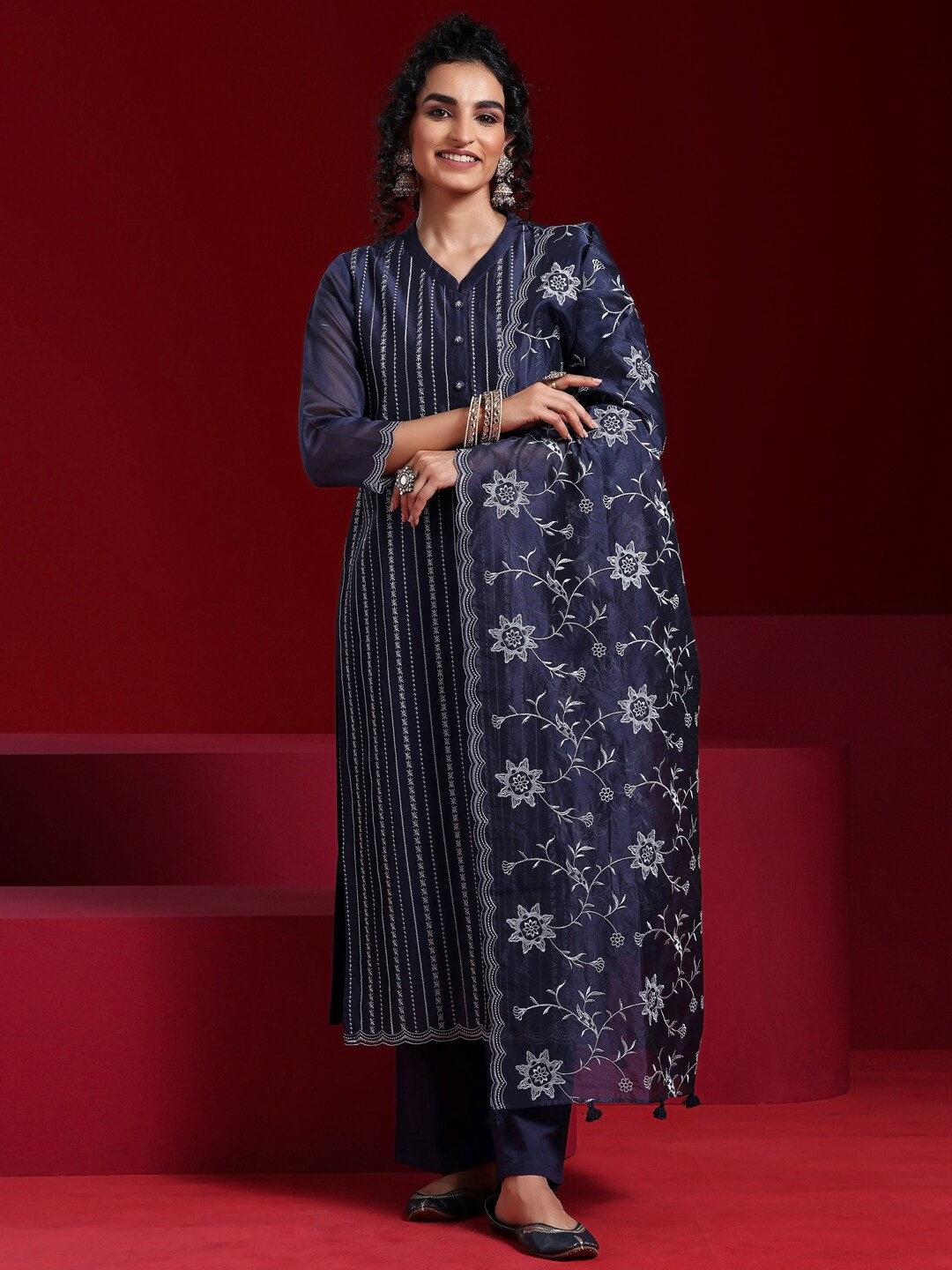 

Libas Art Embroidered Chanderi Silk Straight Kurta With Trousers & Dupatta, Blue