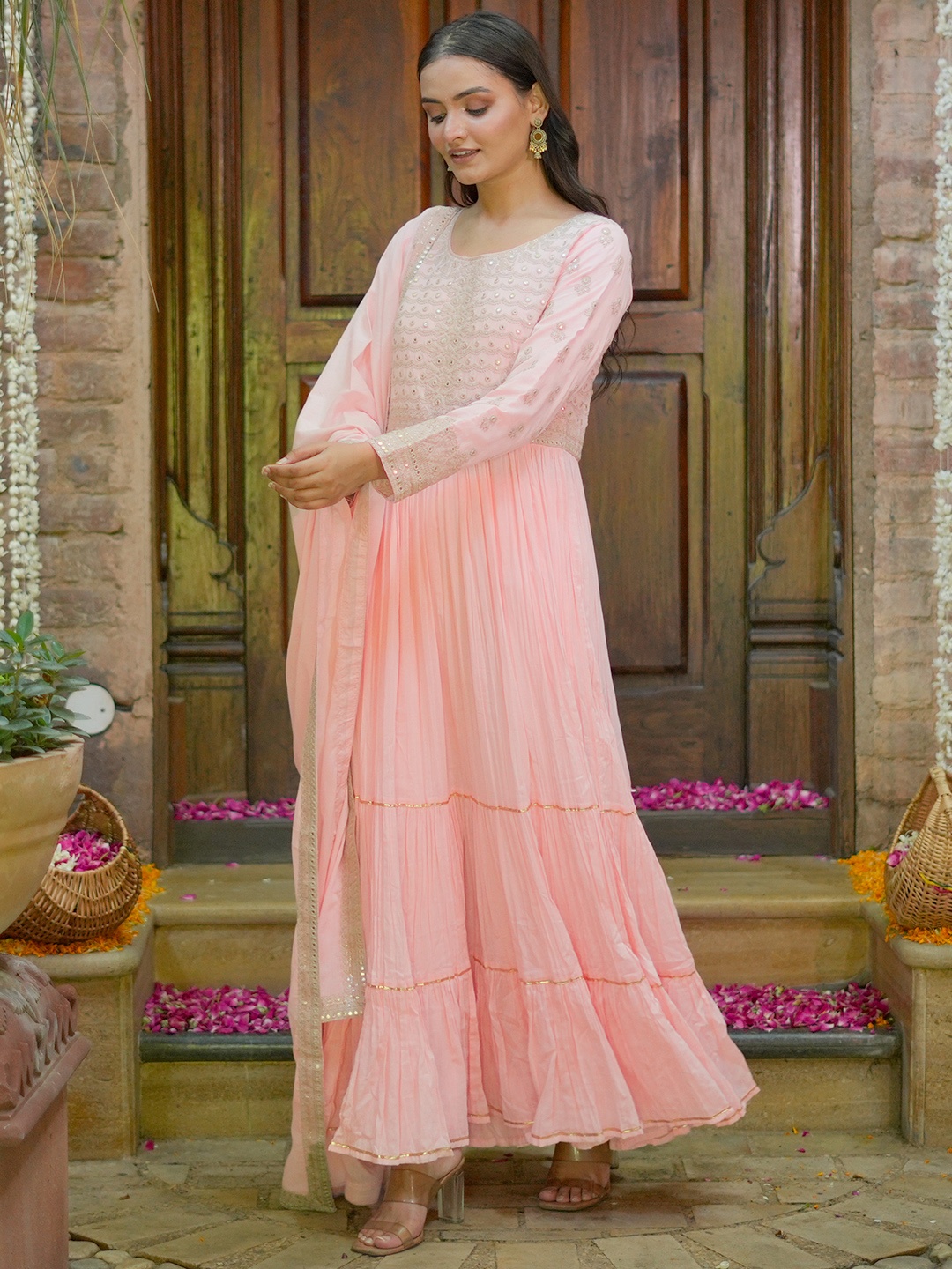 

Libas Art Floral Embroidered Panelled Mukaish A-Line Kurta With Trouser & Dupatta, Peach