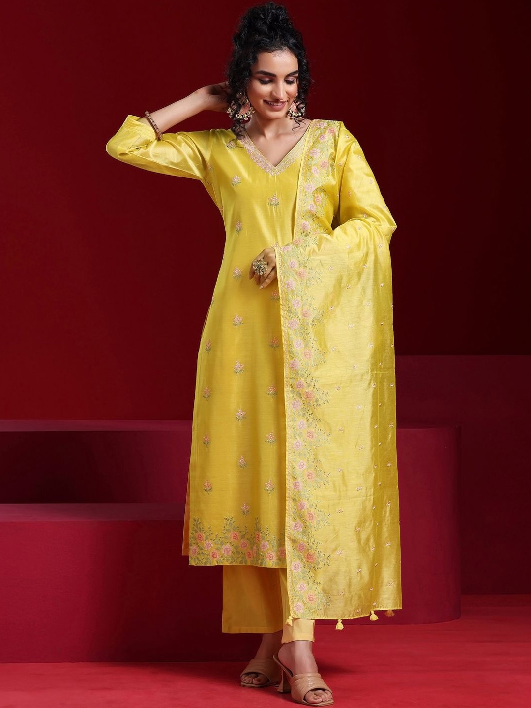 

Libas Art Floral Embroidered Chanderi Silk Straight Kurta With Trouser & Dupatta, Yellow