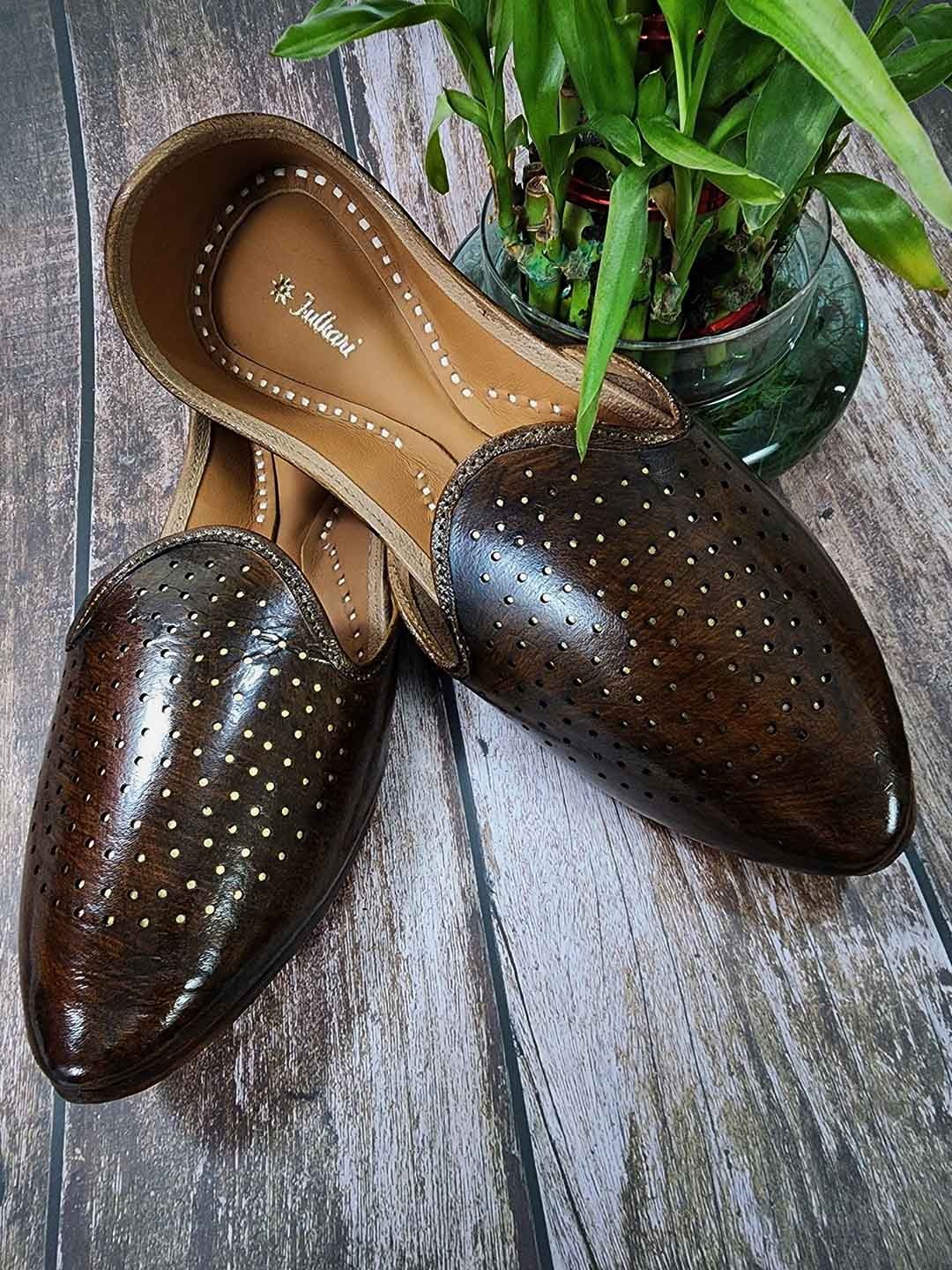 

Fulkari Men Textured Ethnic Mojaris with Laser Cuts Flats, Tan