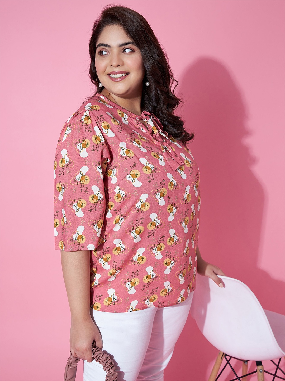 

AUSTIVO Floral Printed Round Neck Cotton Top, Pink