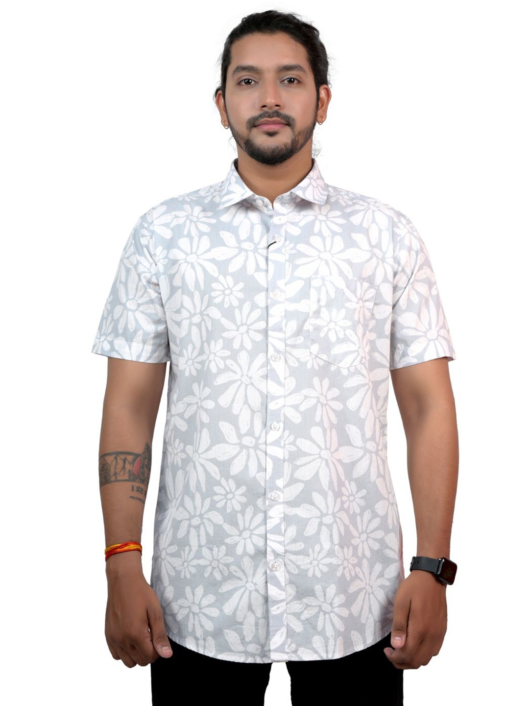 

Pontiac Men Tropical Printed Pocket Casual Shirt, Grey