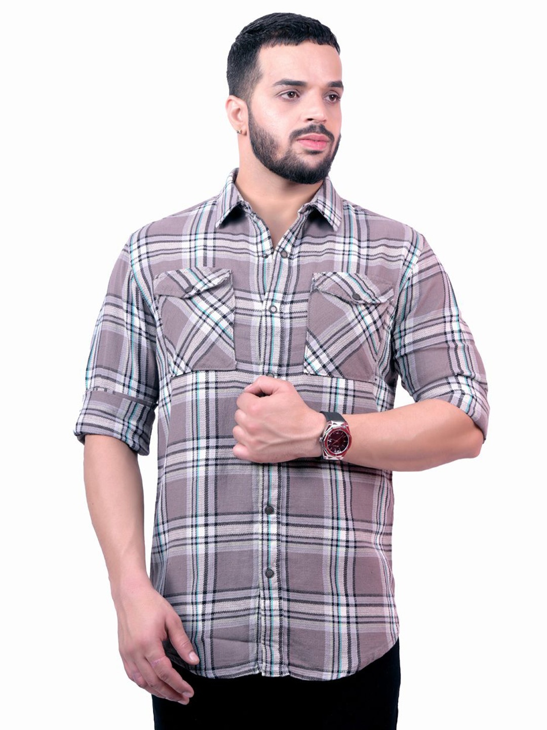 

Pontiac Men Tartan Checks Cotton Pocket Casual Shirt, Grey