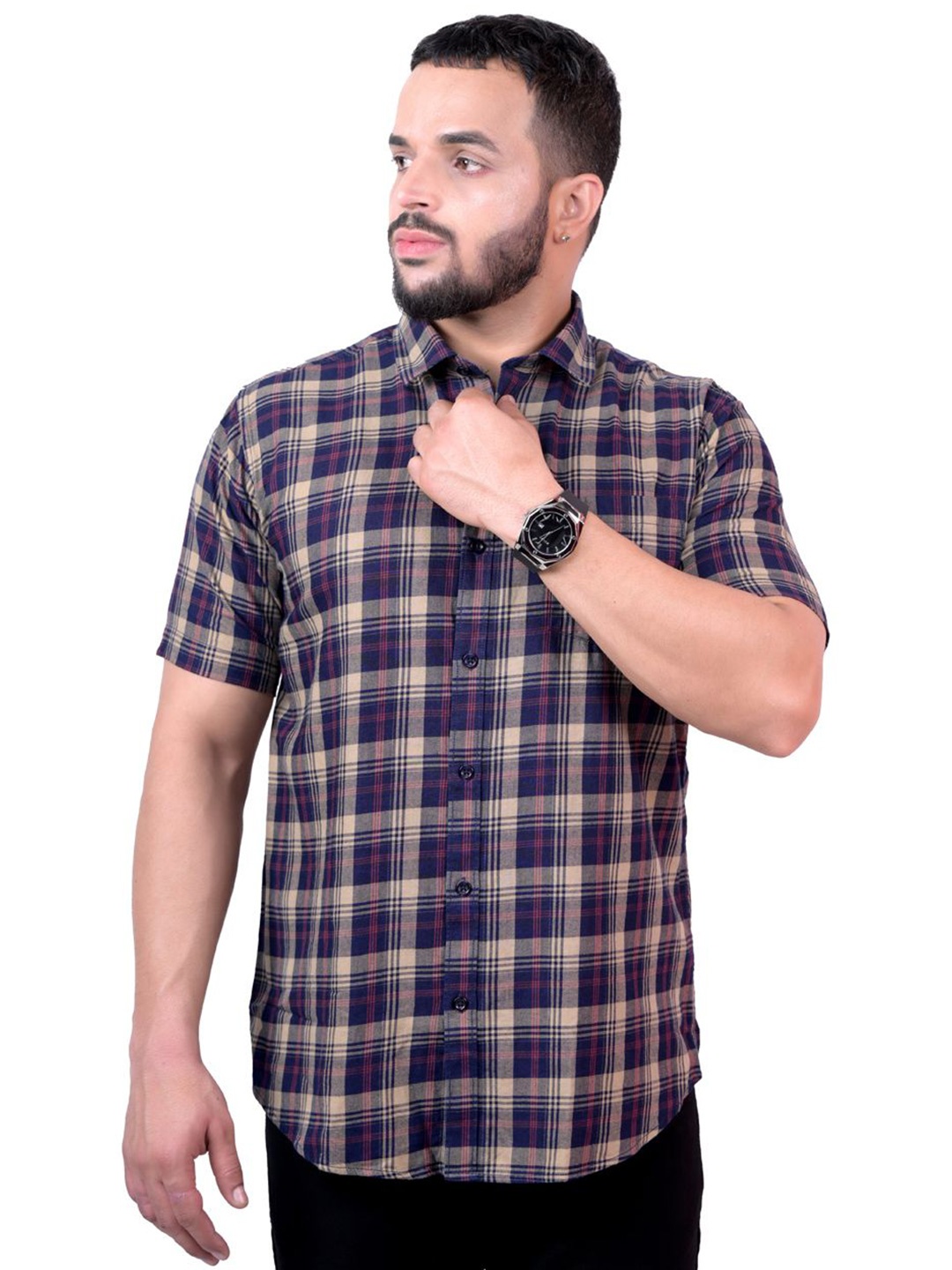 

Pontiac Men Tartan Checks Pocket Casual Cotton Shirt, Navy blue