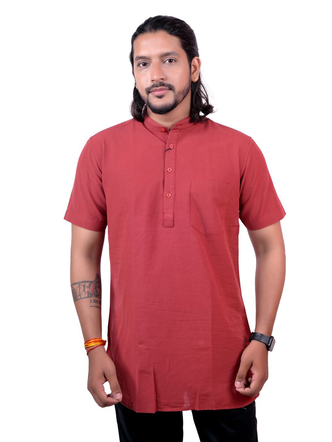 

Pontiac Men Solid Band Collar Cotton Longline Casual Shirt, Red