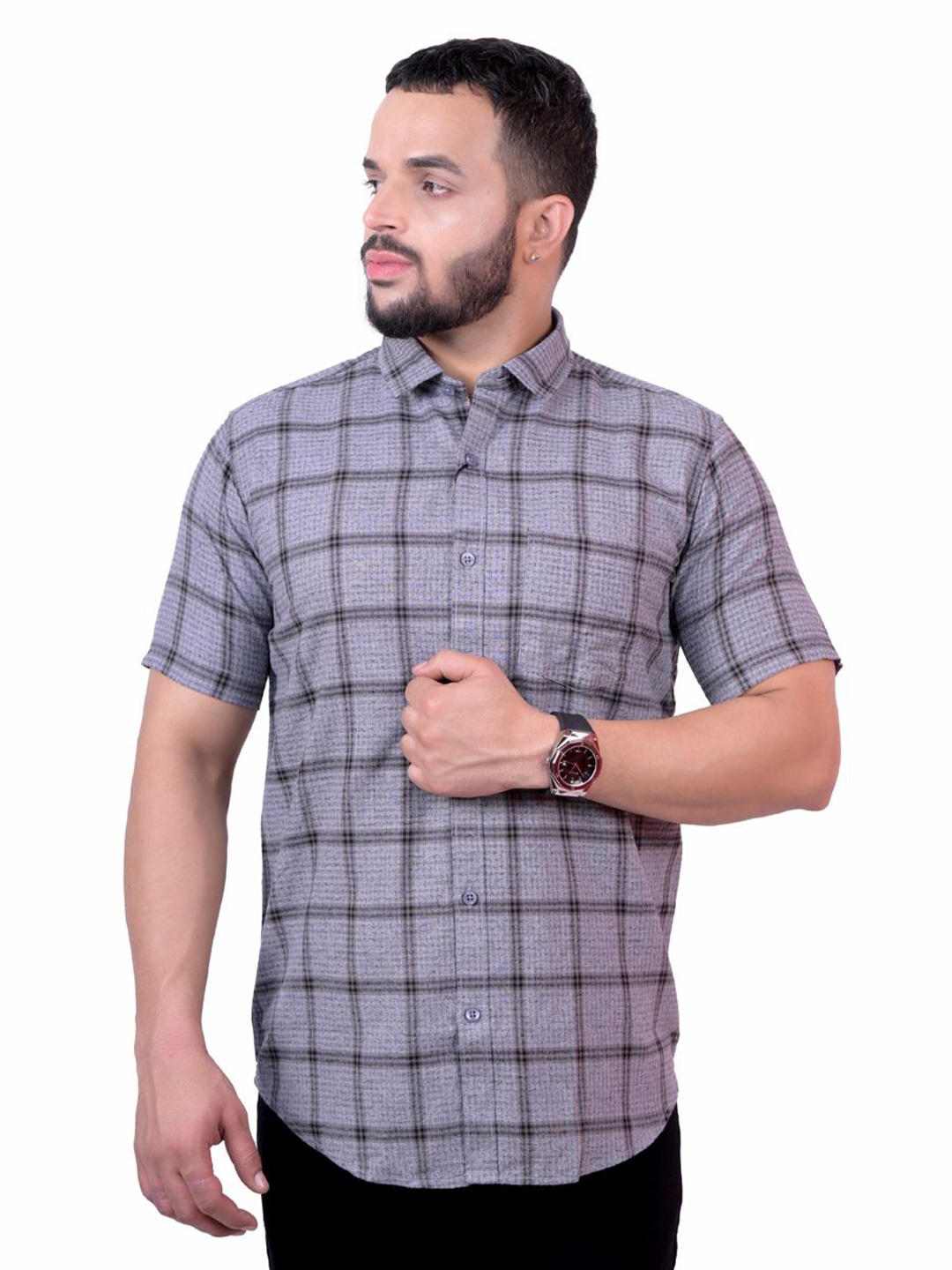 

Pontiac Men Gingham Checks Cotton Pocket Casual Shirt, Grey