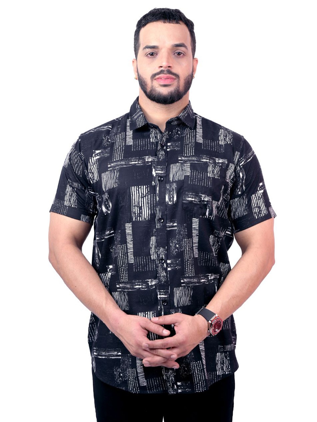 

Pontiac Men Abstract Printed Pocket Cotton Casual Shirt, Black