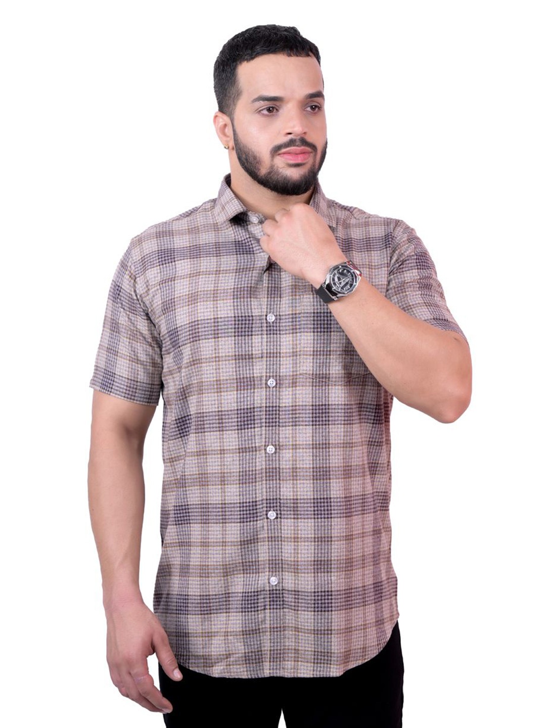 

Pontiac Men Micro Checks Cotton Pocket Casual Shirt, Brown