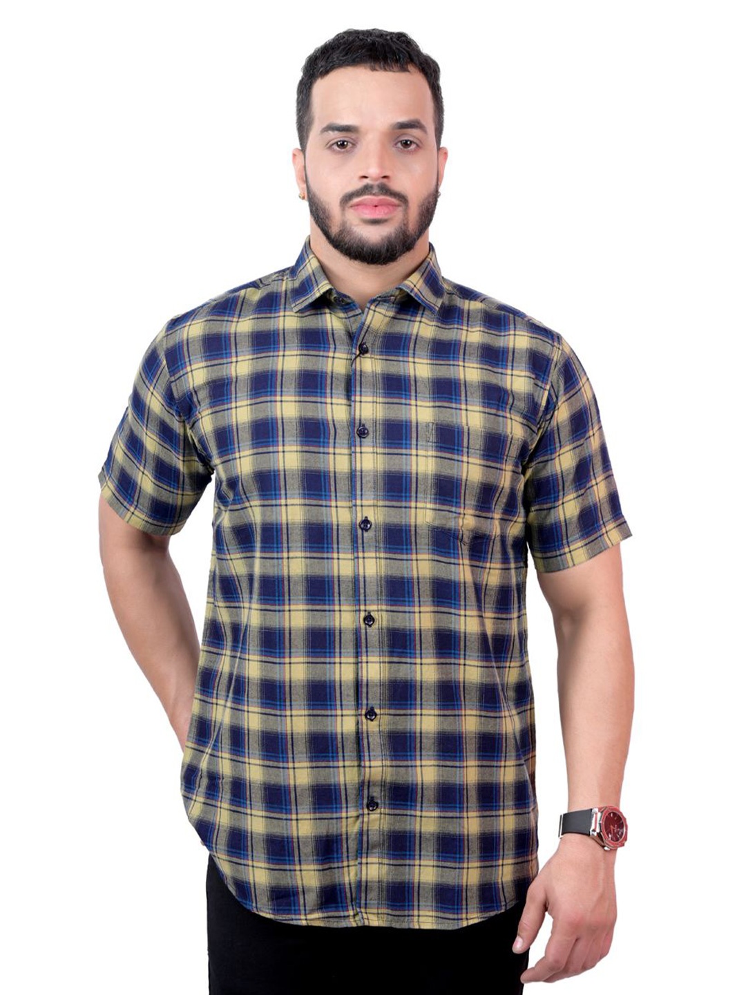 

Pontiac Men Tartan Checks Pocket Casual Cotton Shirt, Navy blue