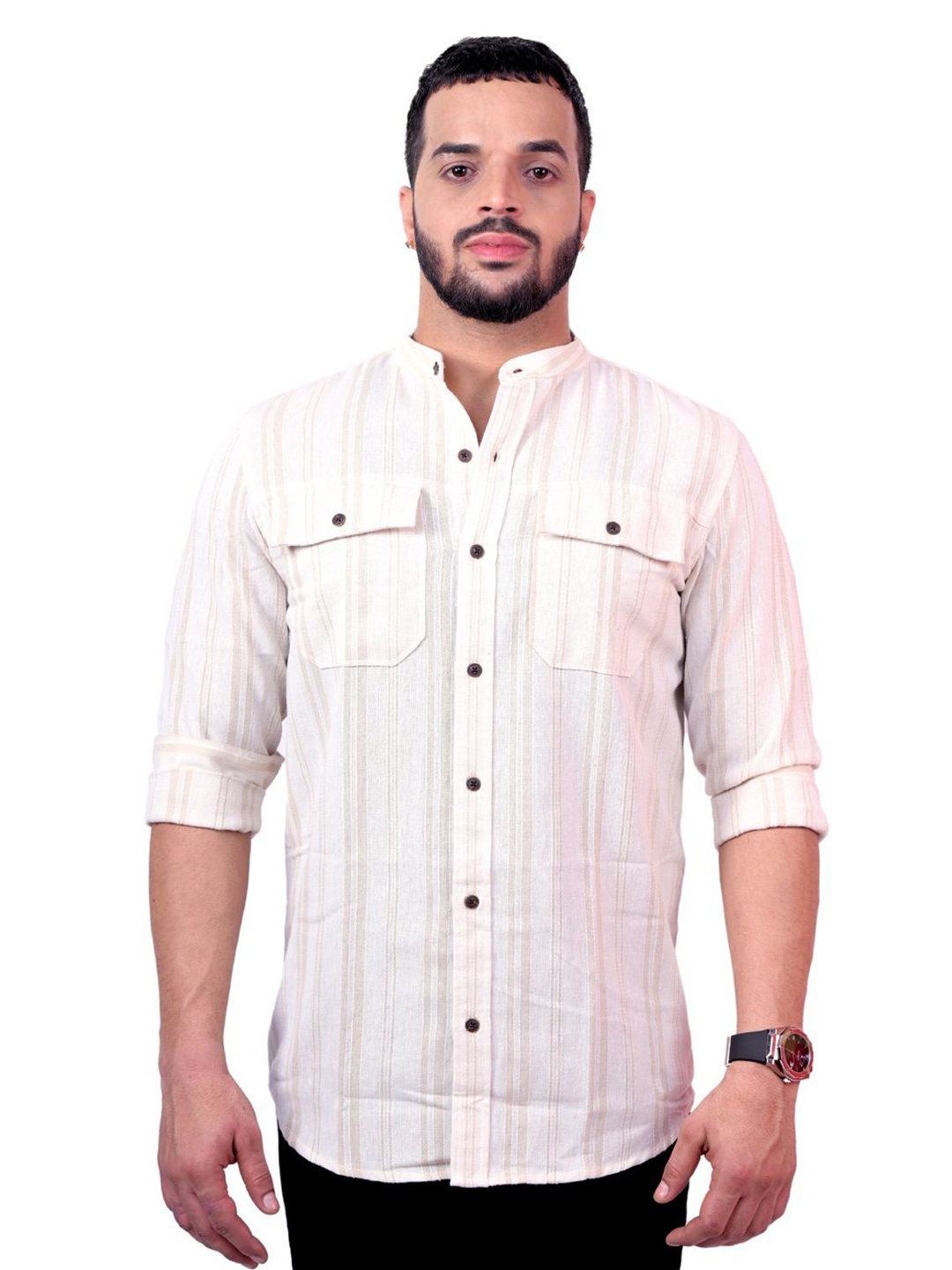 

Pontiac Men Striped Band Collar Pocket Casual Shirt, Beige