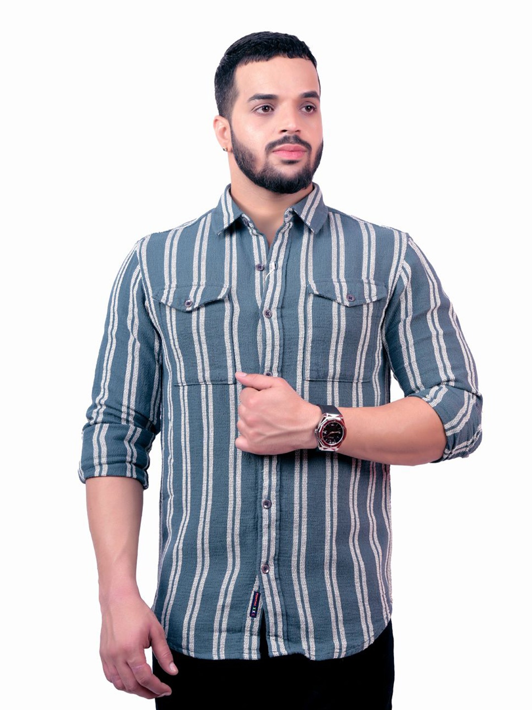 

Pontiac Men Striped Cotton Casual Shirt, Green