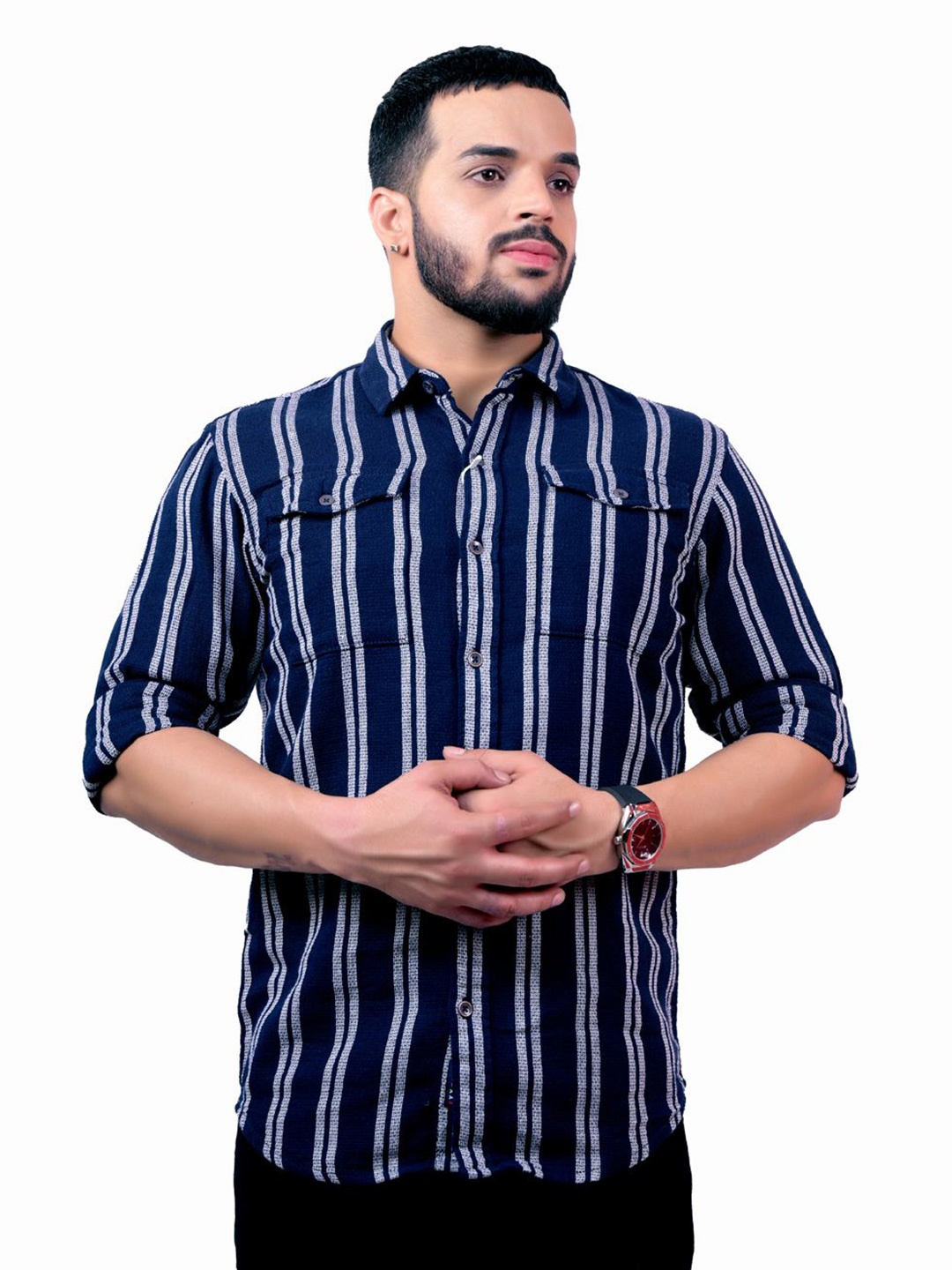 

Pontiac Men Striped Pocket Cotton Casual Shirt, Navy blue