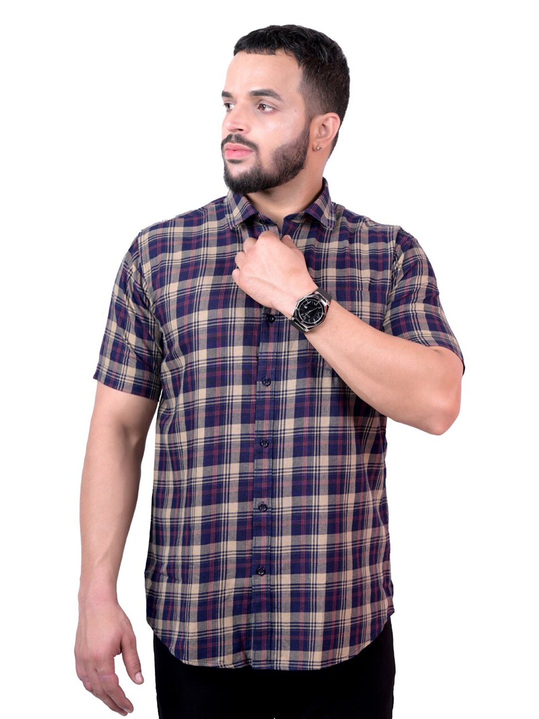 

Pontiac Men Tartan Checks Pocket Cotton Casual Shirt, Navy blue