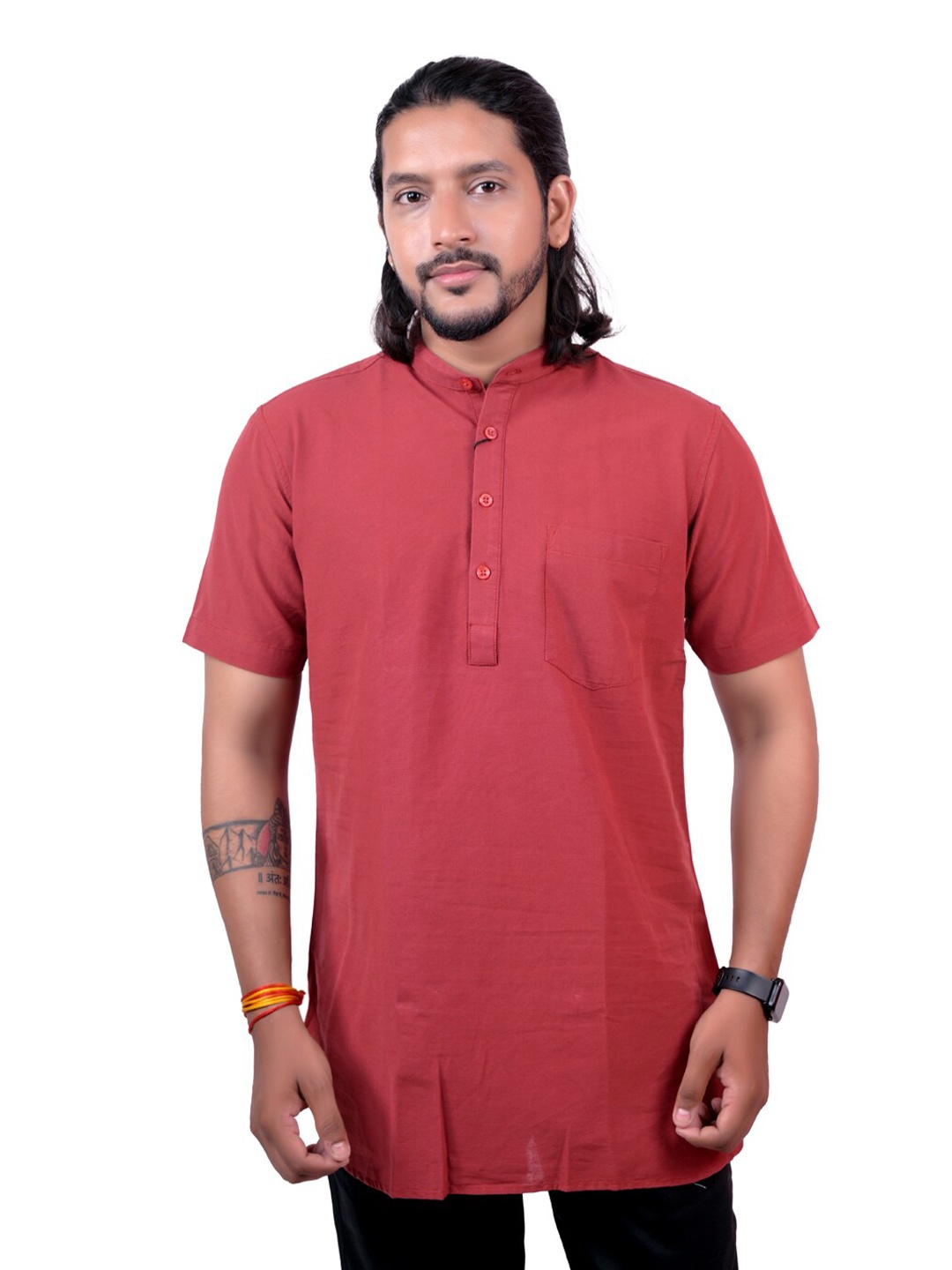 

Pontiac Men Solid Band Collar Longline Casual Shirt, Red