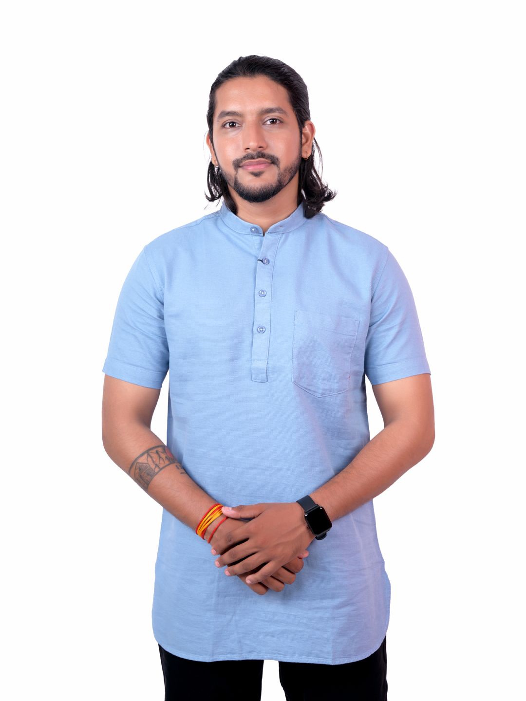 

Pontiac Men Solid Band Collar Longline Casual Shirt, Blue