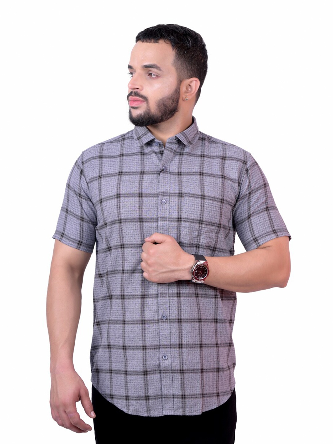 

Pontiac Men Gingham Checks Cotton Pocket Casual Shirt, Grey