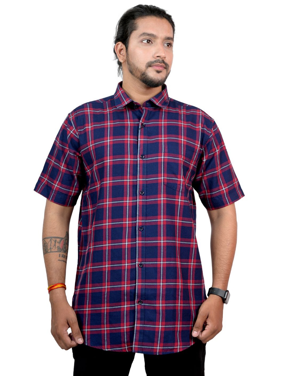 

Pontiac Men Tartan Checks Printed Cotton Pocket Casual Shirt, Navy blue