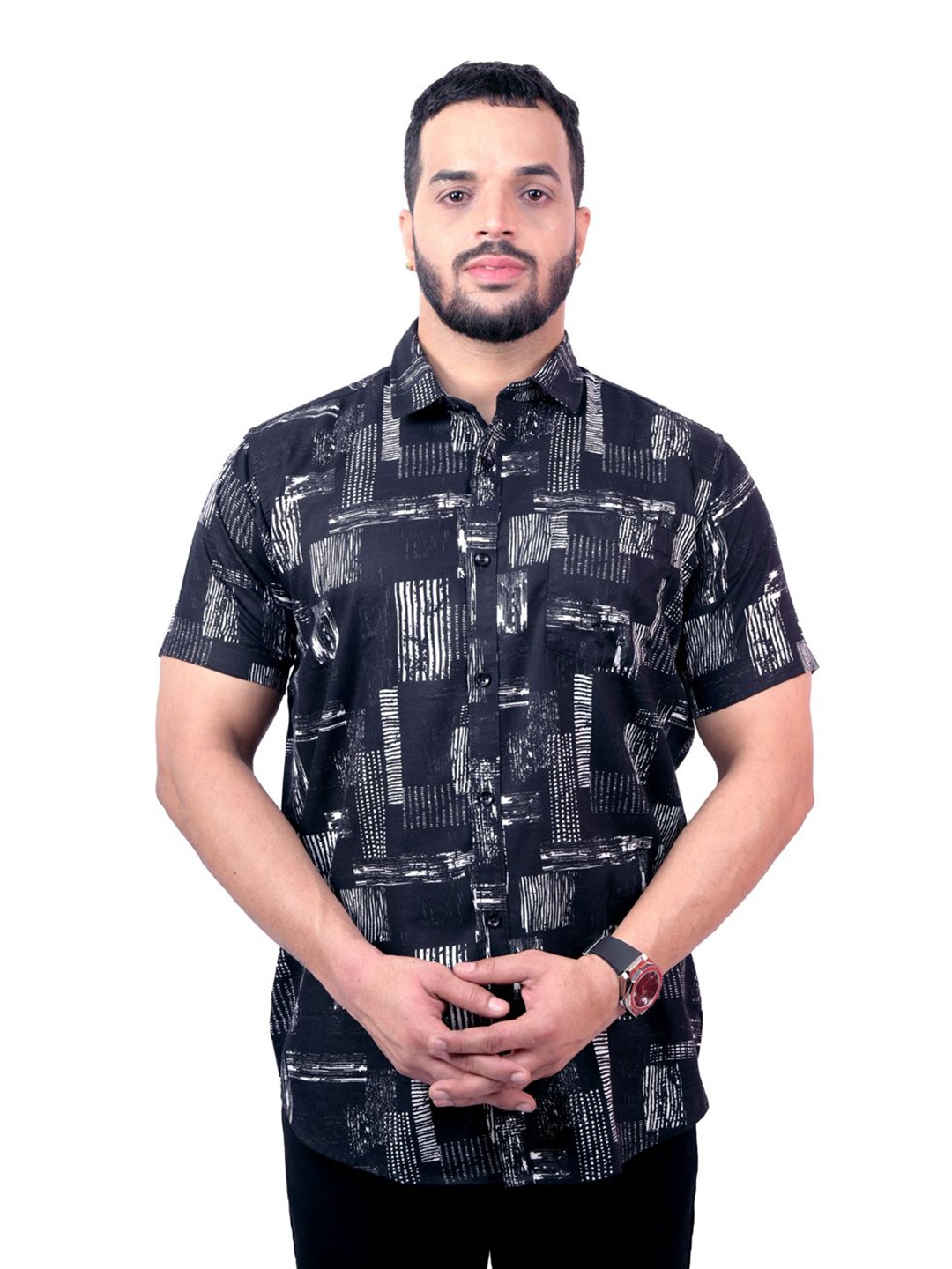 

Pontiac Men Abstract Printed Pocket Cotton Casual Shirt, Black