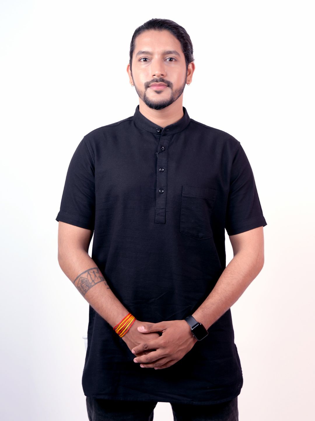 

Pontiac Men Solid Short Sleeves Mandarin Collar Casual Shirt, Black