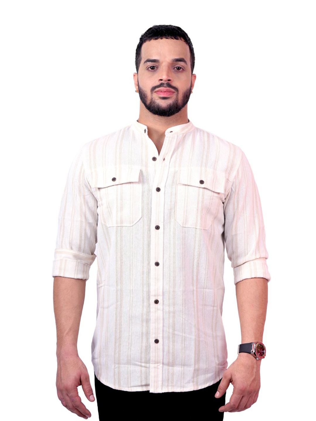 

Pontiac Men Striped Band Collar Pocket Casual Shirt, Beige