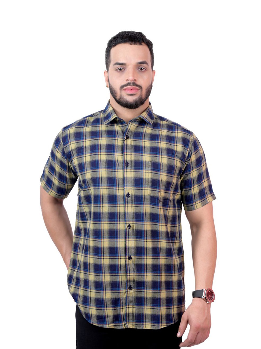 

Pontiac Men Checked Pocket Casual Shirt, Navy blue