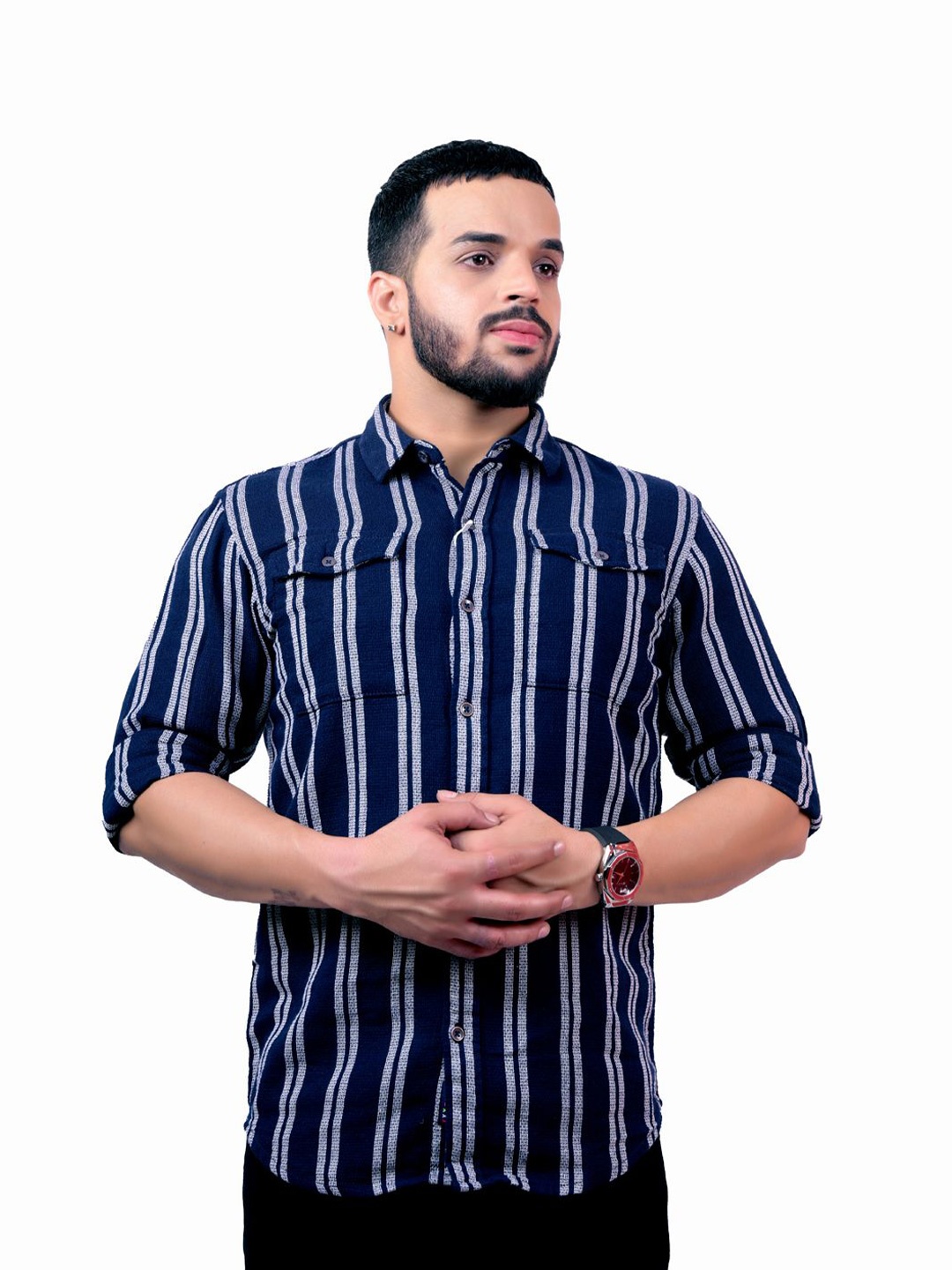 

Pontiac Men Striped Pocket Cotton Casual Shirt, Navy blue