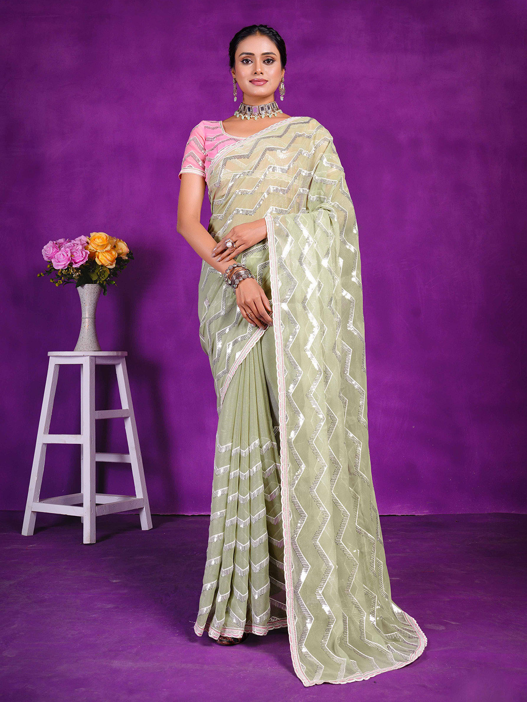 

Mitera Embellished Sequinned Organza Saree, Green