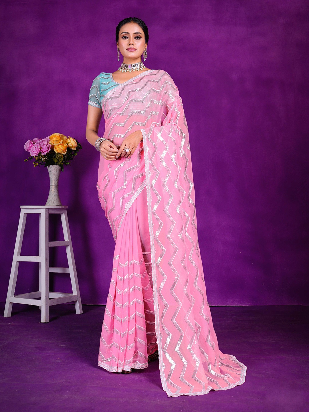 

Mitera Embellished Sequinned Organza Saree, Pink