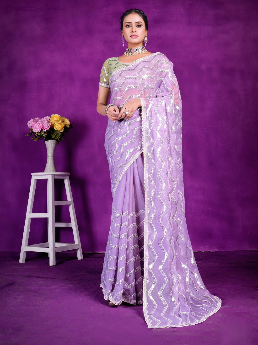 

Mitera Embellished Sequinned Organza Saree, Purple
