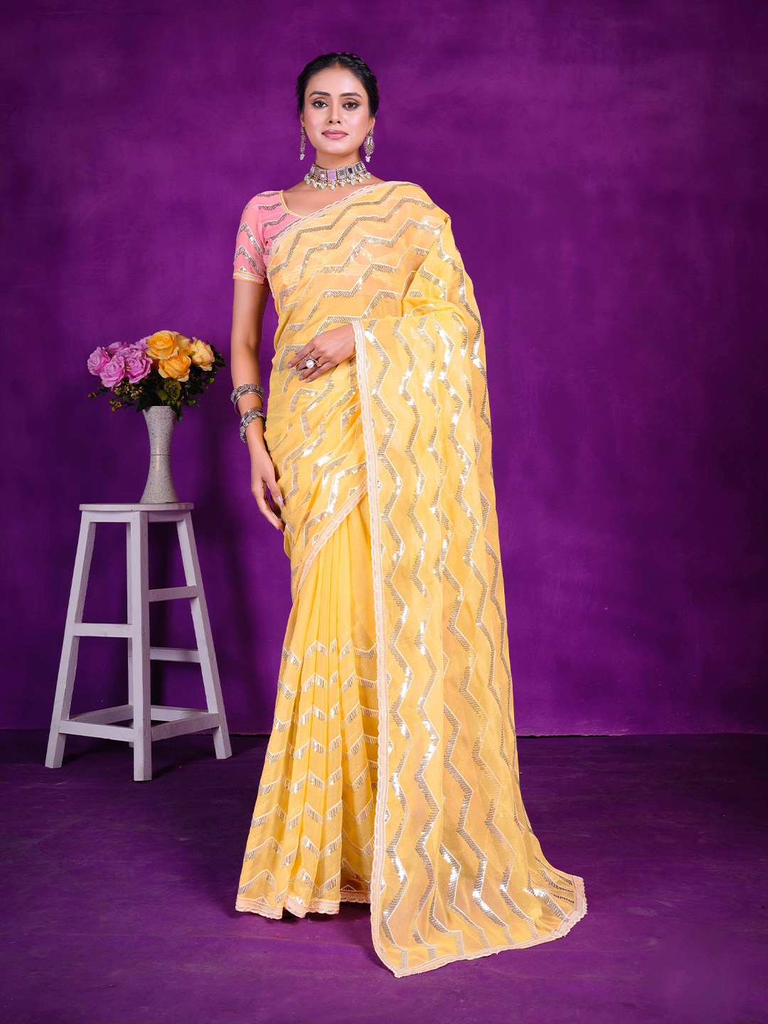 

Mitera Embellished Sequinned Organza Saree, Yellow