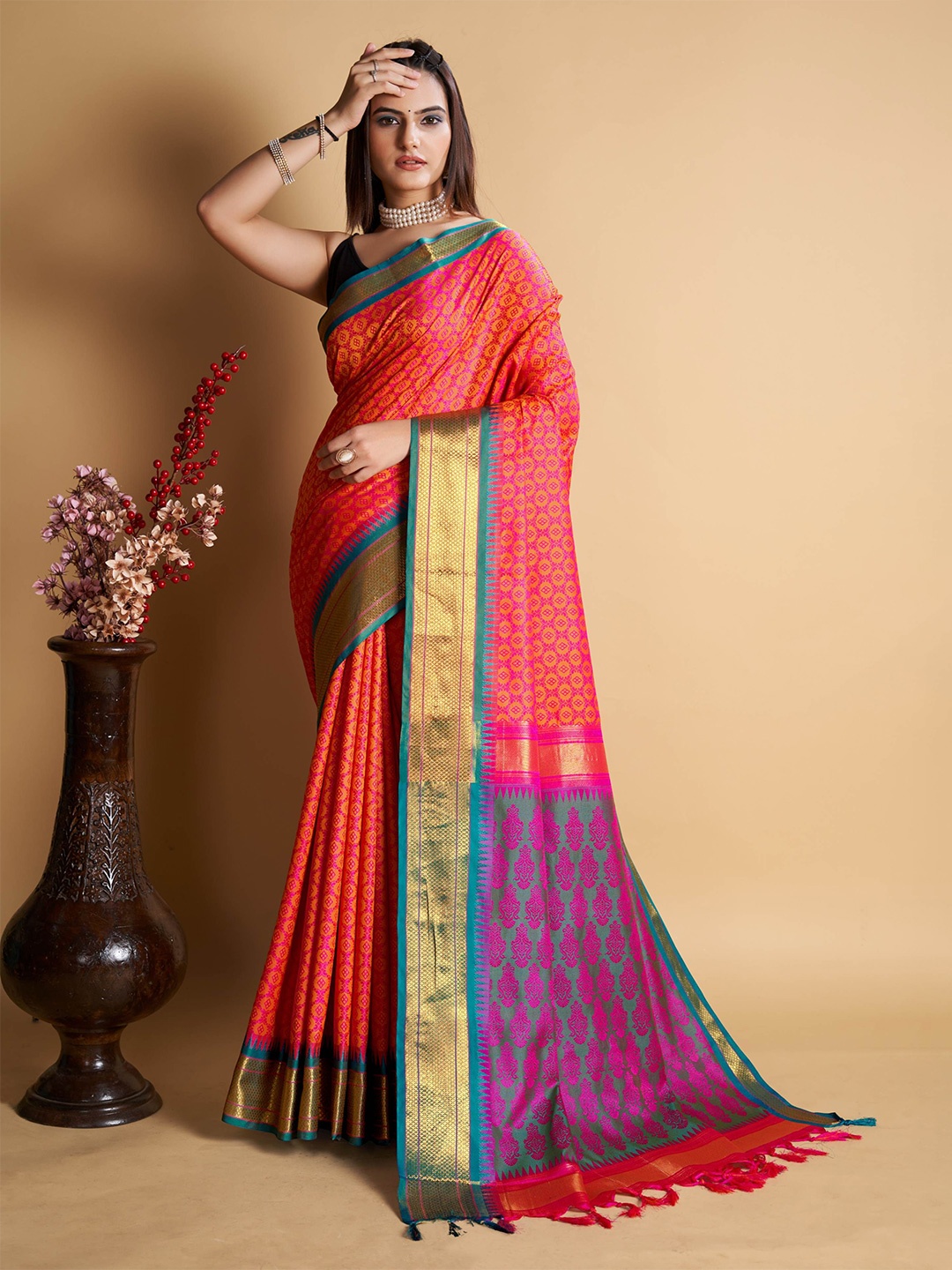 

bansari textiles Woven Design Zari Banarasi Saree, Red