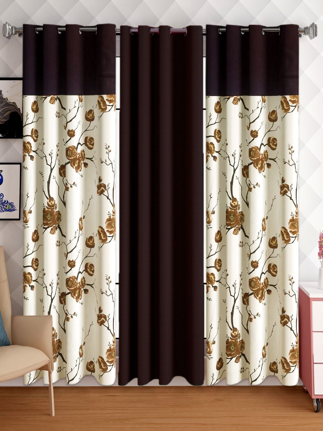 

Lunar Days Coffee Brown & White 3 Pieces Floral Room Darkening Door Curtain
